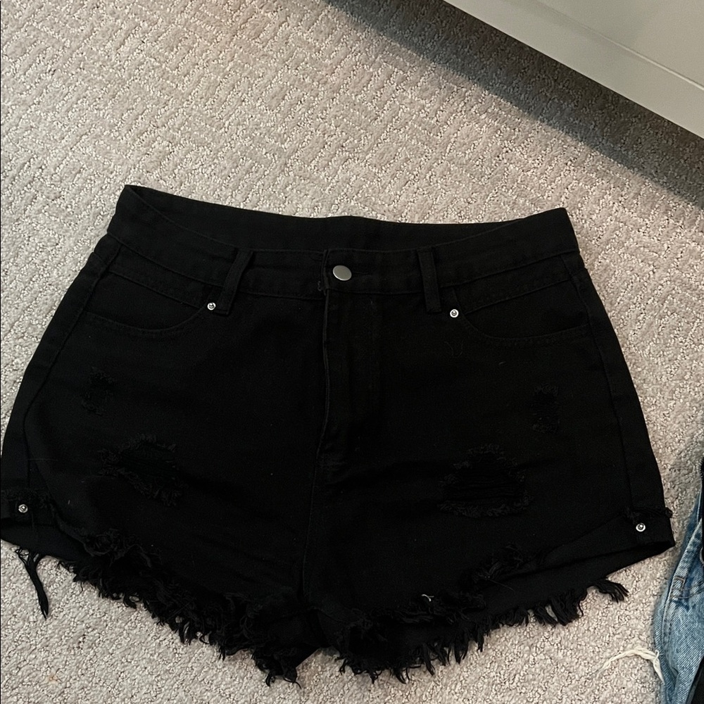 SHEIN distressed high waisted black denim shorts